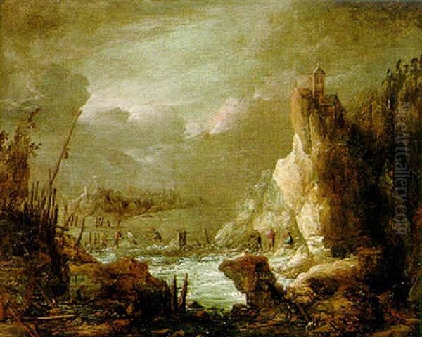 Gebirgige Fluslandschaft Mit Fischern - view 1