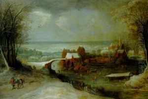 A Town In Winter With Townsfolk And The Flight Into Egypt