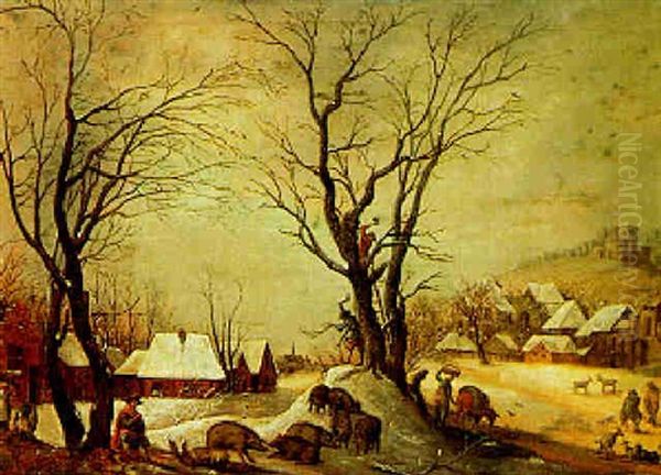 Peasants Cutting Wood In A Winter Landscape With Wild Boar And Goats Nearby - view 1
