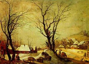 Peasants Cutting Wood In A Winter Landscape With Wild Boar And Goats Nearby