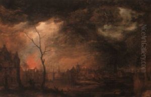 A Moonlit Townscape With A House On Fire A Moonlit Townscape With A House On Fire