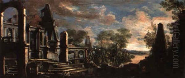 Classical Ruins By A Lake - view 1