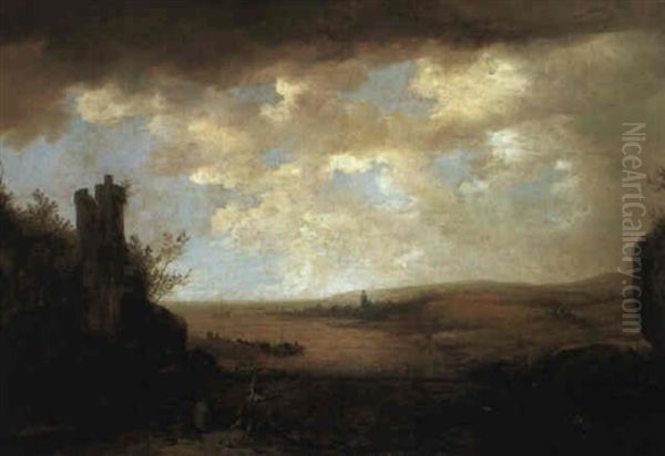 Bathers Diving Into A River Near A Ruined Tower - view 1