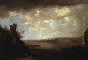 Bathers Diving Into A River Near A Ruined Tower by Frans de Momper