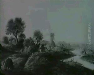 Peasants Travelling On A Sandy Path With A Windmill And A River Beyond Peasants Travelling On A Sandy Path With A Windmill And A River Beyond