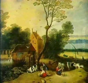 Flusslandschaft Mit Einem Gutshof Und Bauern Und Kuhen Flusslandschaft Mit Einem Gutshof Und Bauern Und Kuhen