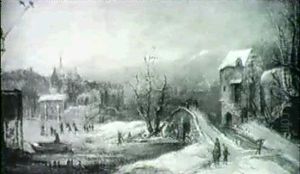 A Winter Landscape With Skaters On A Pond And Travellers Along A Bridge by Frans de Momper