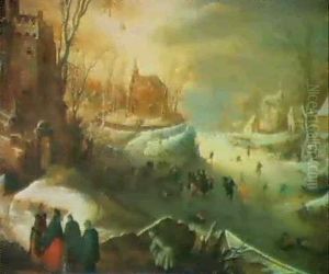 Paysage D'hiver Anime De Patineurs, Avec Ville Et Arriere - Plan by Frans de Momper