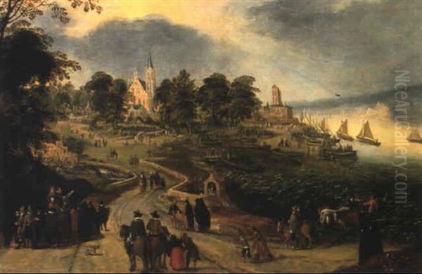 Paysage Fluvial Et Nombreux Personnages - view 1