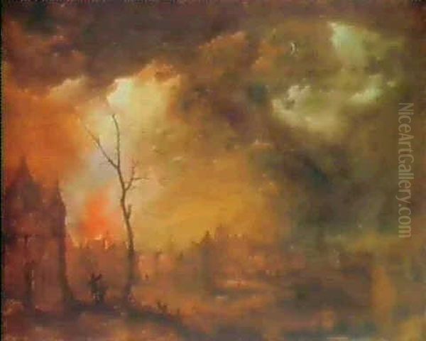 A Moonlight Landscape With A House On Fire - view 1