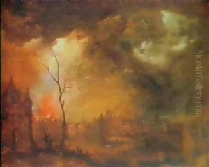 A Moonlight Landscape With A House On Fire by Frans de Momper
