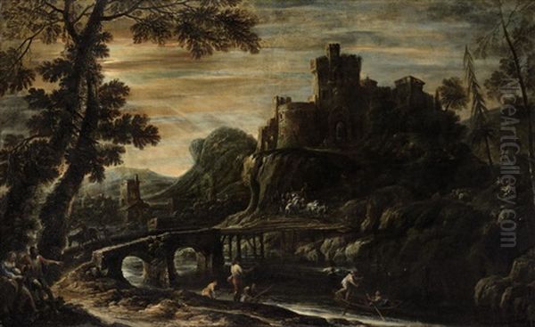 A River Landscape With Fishermen Before A Bridge, A Tower In The Distance - view 1
