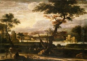 Paesaggio Fluviale Con Astanti In Primo Piano Ed Una Scena Di Caccia Al Cervo Al Centro