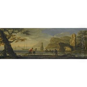 An Italianate Coastal Landscape With Fishermen Hauling In Their Nets