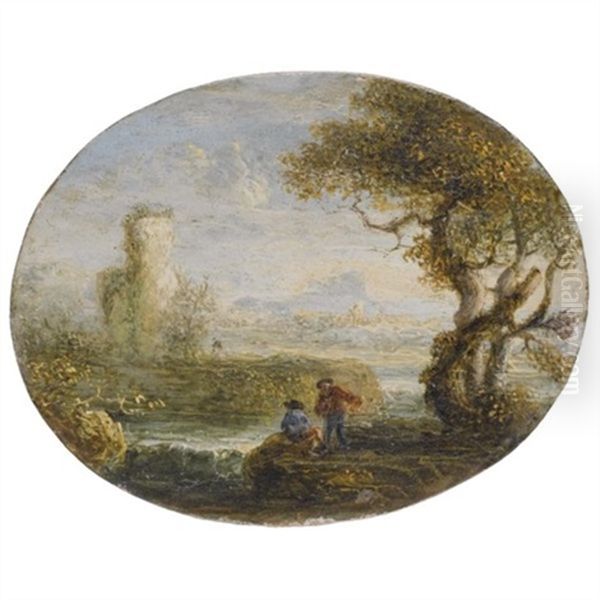 An Italianate River Landscape With Two Figures Fishing - view 1