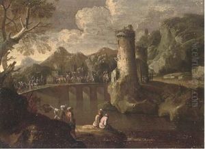 A Mountainous Landsape With A Caravan Crossing A Turretted Bridge, Anglers In The Foreground