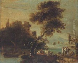 A Wooded River Landscape With Figures Resting By A River Bank, Classical Ruins Beyond