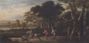 A Wooded River Landscape With A Stag Hunt