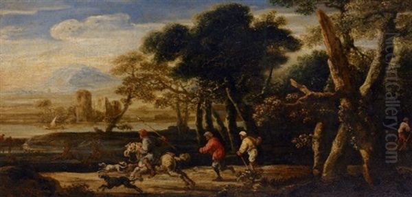 A Wooded River Landscape With A Stag Hunt - view 1