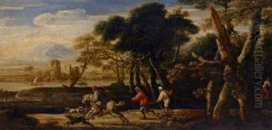 A Wooded River Landscape With A Stag Hunt