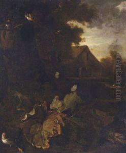 A Forest Floor Still Life With A Chaffinch, A Swallow And Other Birds And Butterflies, A Landscape With A Farmhouse Beyond