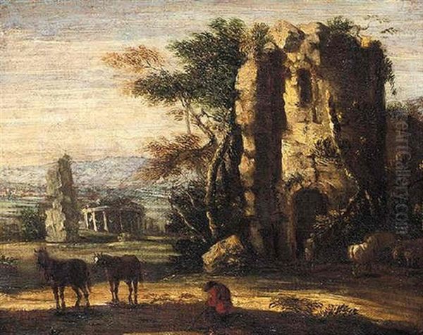 A Landscape With Classical Ruins, Horses And Peasants - view 1