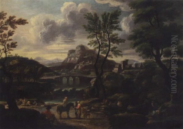 An Italianate Landscape, With Figures Resting Before A River, A Town Beyond - view 1