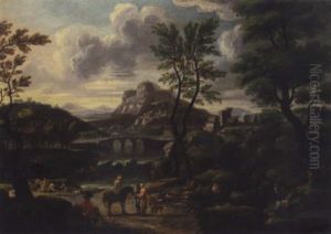 An Italianate Landscape, With Figures Resting Before A River, A Town Beyond