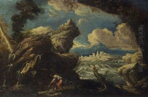 A Fisherman Drawing In His Net In A Mountainous River Landscape