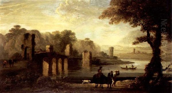 An Italianate River Landscape With Travellers By A Stone Bridge, Mountains Beyond by Jan de Momper