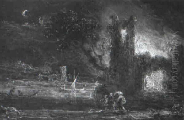 A Moonlit River Landscape With A Castle On Fire - view 1