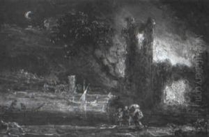 A Moonlit River Landscape With A Castle On Fire