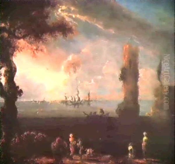 Paesaggio Marittimo Con Imbarcazioni, Ruderi E Figure - view 1
