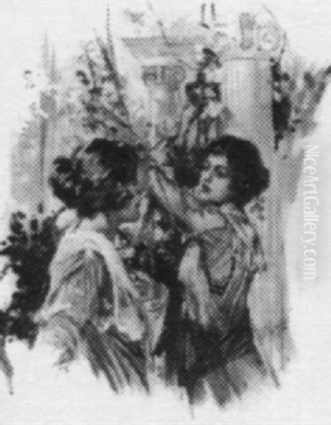 Women Talking In Columned Garden - view 1