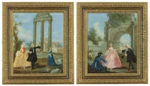 Elegant Figures Strolling In The Forum, Rome; And Elegant Figures And A Beggar At The Arch Of Drusus At The Porta San Sebastiano, Rome by Paolo Monaldi