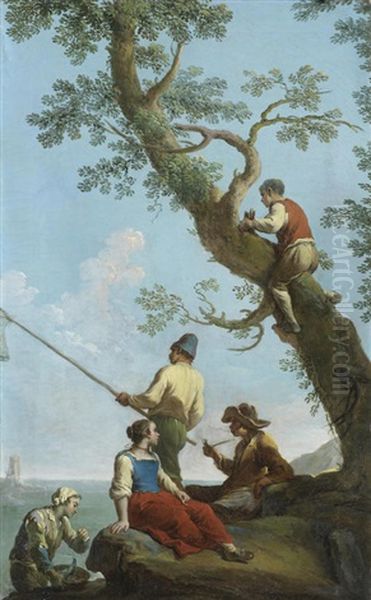 A Fisherman With His Net And Other Figures Resting On The Shore - view 1