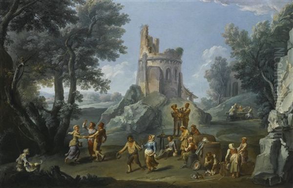 Rome, A View Of The Sedia Del Diavolo With Peasants Making Merry - view 1