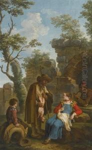 A Woman Buying A Kid Goat From A Shepherd, With A Boy Sitting On A Saddle And A Man Smoking A Pipe, By A Ruin by Paolo Monaldi