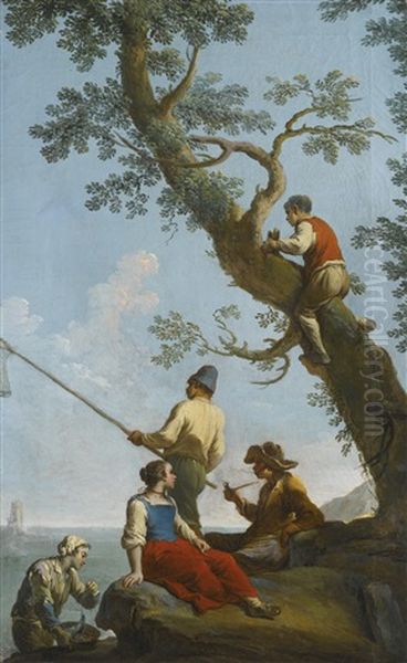 A Man Fishing On The Coast, With A Group Of Other Figures At Leisure - view 1