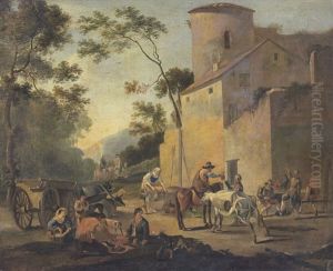 Paesaggio Con Sosta Di Viandanti In Un Borgo Romano