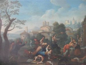 Scene De Lutte Pres D'une Fontaine Dans La Campagne Romaine by Paolo Monaldi