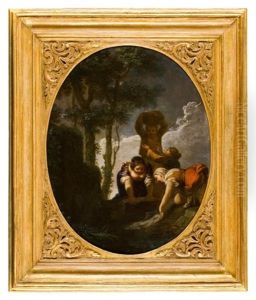 Paesaggio Con Giocatori Di Carte E Filatrice And Paesaggio Con Lavandaie (a Pair) by Paolo Monaldi