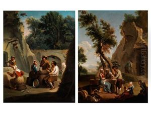 Bauern Bei Der Rast An Einem Fass Sitzend, Mit Landschaftlichem Hintergrund (+ Bauern Bei Der Rast An Einem Steintisch, Mit Landschaftlichem Hintergrund; Pair)