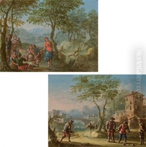 Joueurs De Boule Sur La Place Du Village (+ Personnages Dejeunant Dans Un Paysage; Pair)