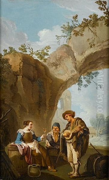 A Young Woman Holding A Glass Of Wine With Two Companions Making Music Before A Stone Arch (+ A Young Peasant Woman With Her Child And Other Peasants Seated At The Foot Of A Tree; Pair) - view 1
