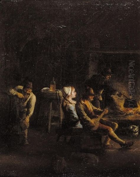 A Kitchen Interior With Peasants Sitting Round A Fire, Drinking And Playing Music - view 1