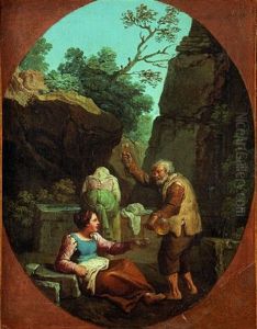 Couple De Paysans Pres D'une Fontaine by Paolo Monaldi