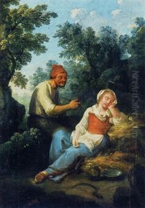 A Wooded Landscape With A Peasant Smoking And A Young Girl Asleep by Paolo Monaldi
