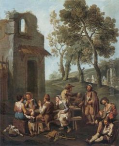 A Landscape With Peasants And Beggars Drinking, Smoking, And Singing, Washer-women In The Distance