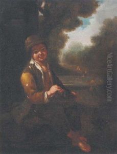 Boy Resting With A Basket On His Lap, Figures By A Swan Lake Beyond